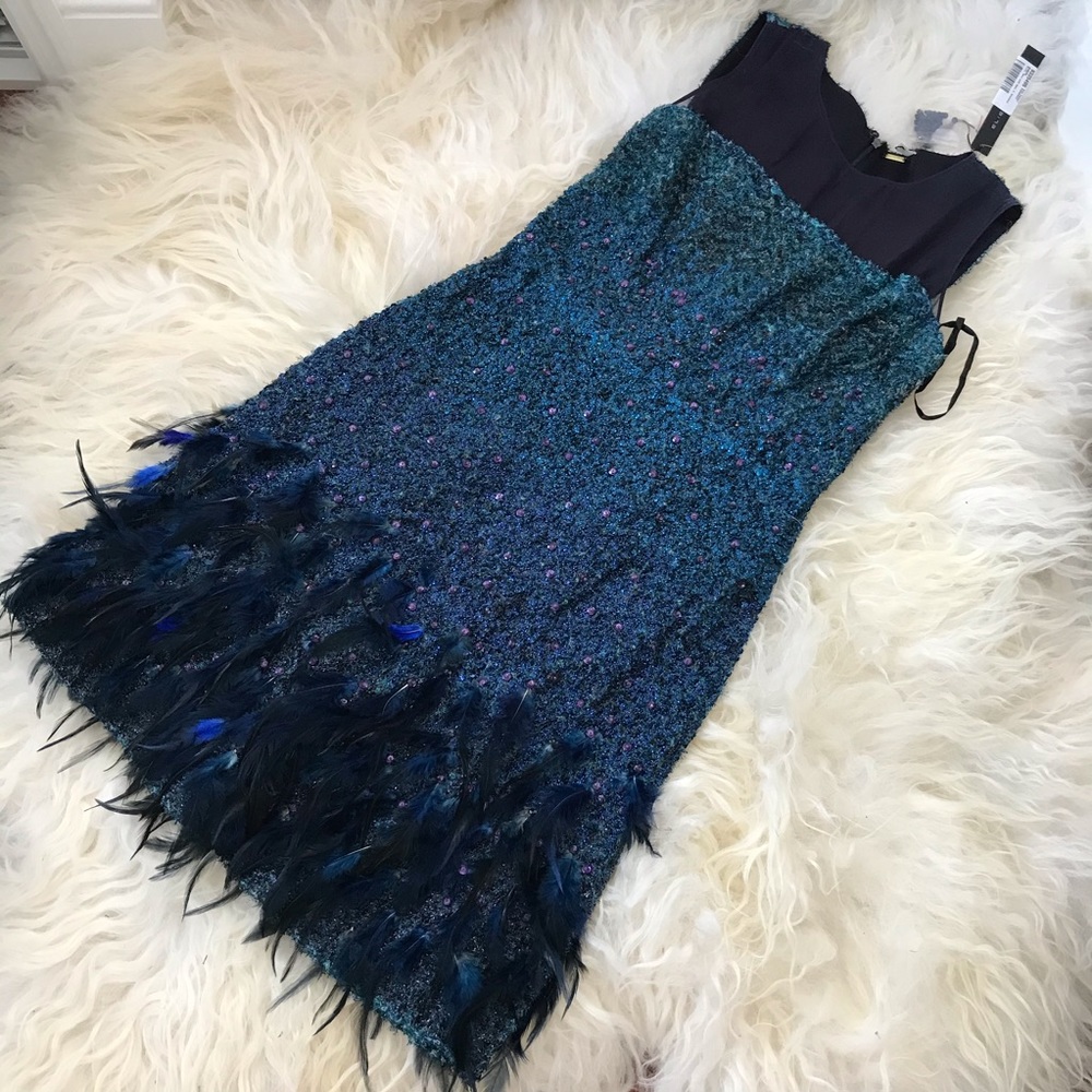 ELIE TAHARI ANABELLE EMBELLISHED FEATHER DRESS - Picture 2 of 8
